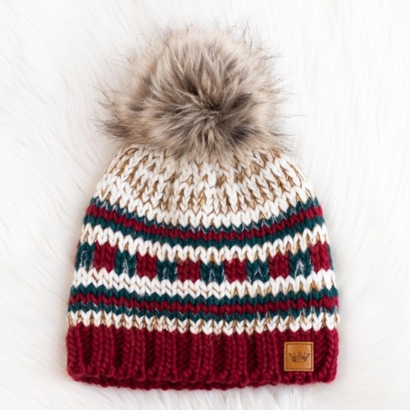 Multi Colored Holiday Beige Red Green Knit Faux Fur Pompom Beanie Winter Hat - Picture 5 of 5